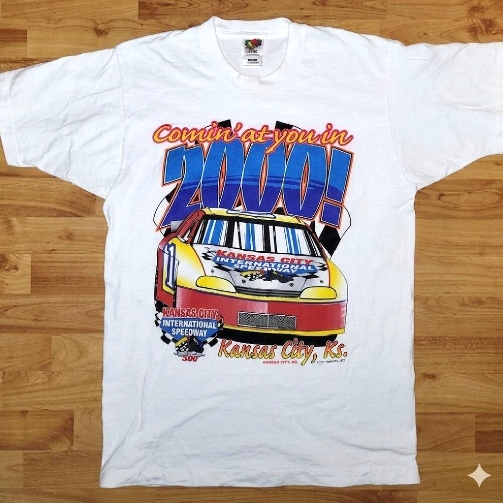 Vintage Kansas City Speedway Racing LARGE White T-shirt Colorful 2000 Graphic